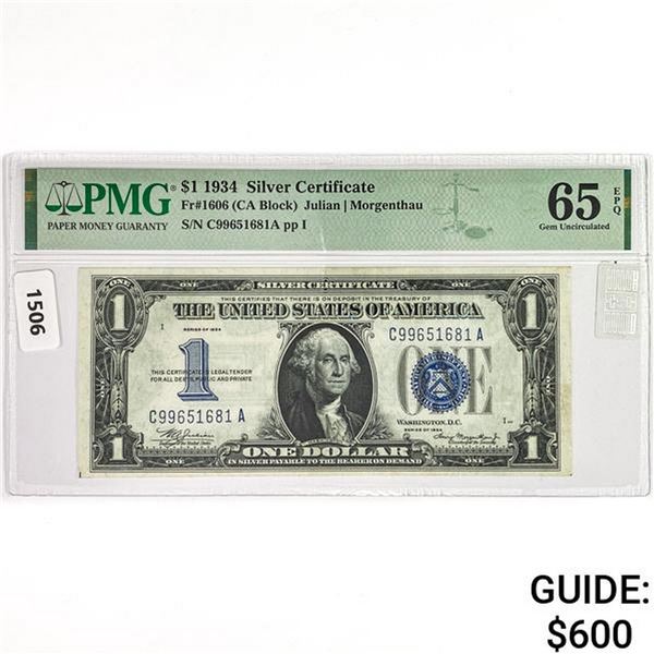 1934 $1 Sm. Silver Certificate PMG GEM UNC65 EPQ