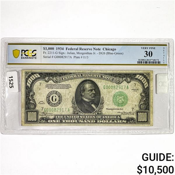 1934 $1000 Fed. Reserve Note PCGS VF30 Details