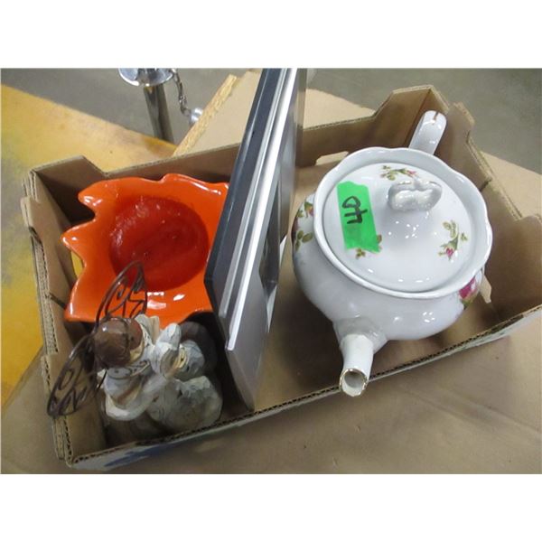 BOX C/W TEAPOT, CLOCK, ORNAMENTS, ETC