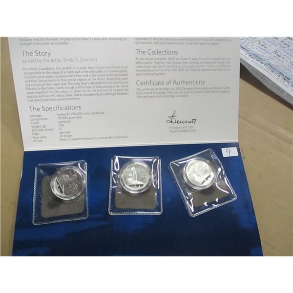 3 - 2012 POLAR BEAR $20 SILVER COINS