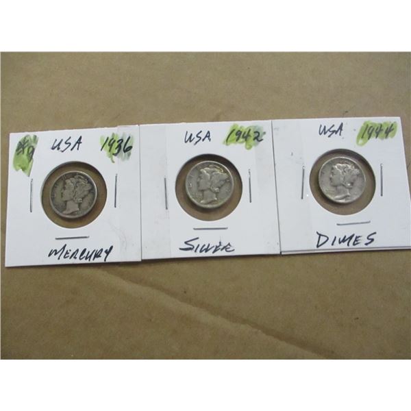 1936, 1942 & 1944 USA MERCURY SILVER DIME SET