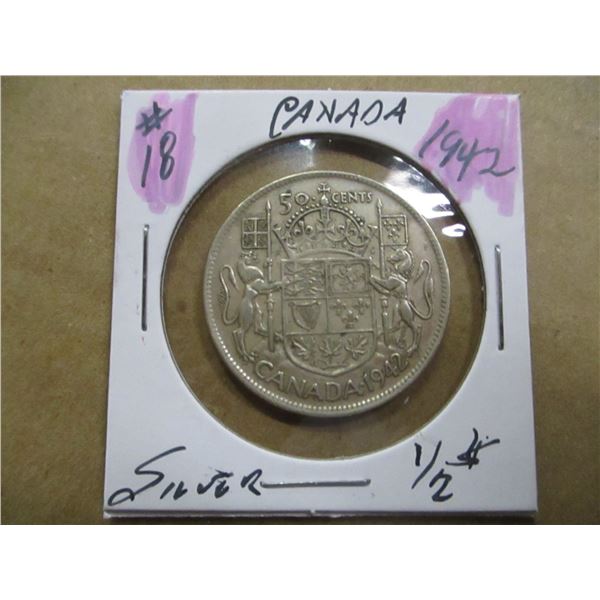 1942 CANADA KING GEORGE VI SILVER HALF DOLLAR