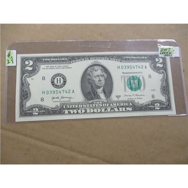 2017 USA UNCIRCULATED GREEN SEAL $2 BILL