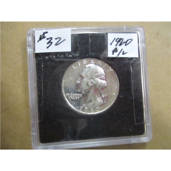 1960 PROOF CAMEO USA LIBERTY SILVER QUARTER