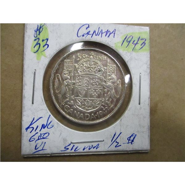 1943 CANADA KING GEORGE VI SILVER HALF DOLLAR