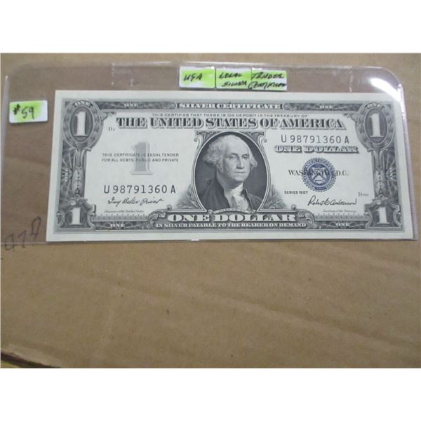 1957 CRISP UNCIRCULATED BLUE SEAL LEGAL TENDER SILVER CERTIFICATE BANK NOTE