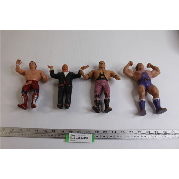 (4) WWE / WWF 1980's Bendies Wrestling Figures - Mean Gene Okerlund, Dynamite Kid, Bret Hart, Ken Pa