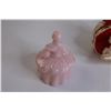 Image 7 : Pink Milk Glass Trinket Lady, (3) Vintage Spaghetti Glass Santa Banks