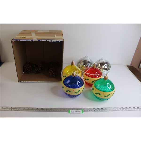 (2) Disco Ball Decorations, (4) Ornament Decorations, (10+) Pine Cone Decorations