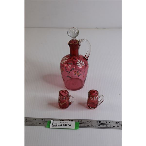Bohemian Cranberry Decanter with Hand Painted Enamel Decoration, (2) Matching Mini Cups