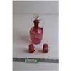 Image 1 : Bohemian Cranberry Decanter with Hand Painted Enamel Decoration, (2) Matching Mini Cups