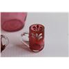 Image 5 : Bohemian Cranberry Decanter with Hand Painted Enamel Decoration, (2) Matching Mini Cups