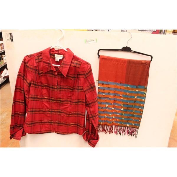 * Ladies Size M Full Zip Front French Cuff Coldwater Creek Shirt, Scarf