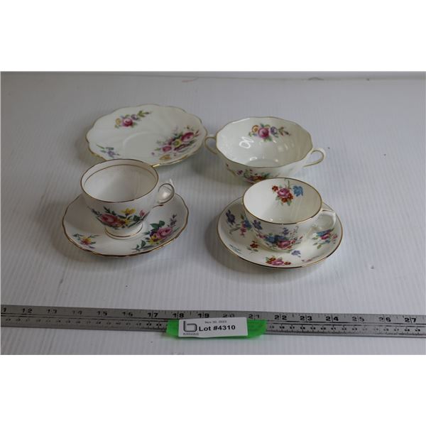 Royal Vale Teacup and Saucer, Hammersley Teacup and Saucer, Coalport Cream Soup and Saucer