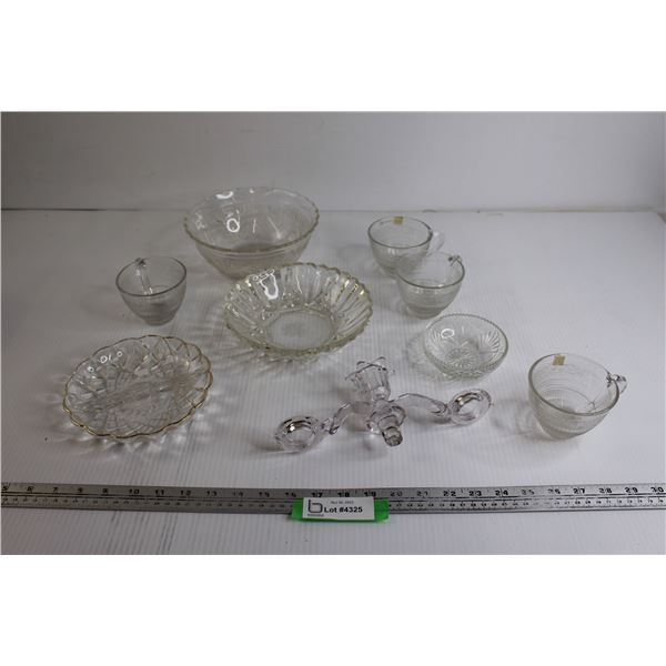Collection of (9) Clear Glass Pieces - Bowls, Divided Dish, Candleholder, Depression Glass