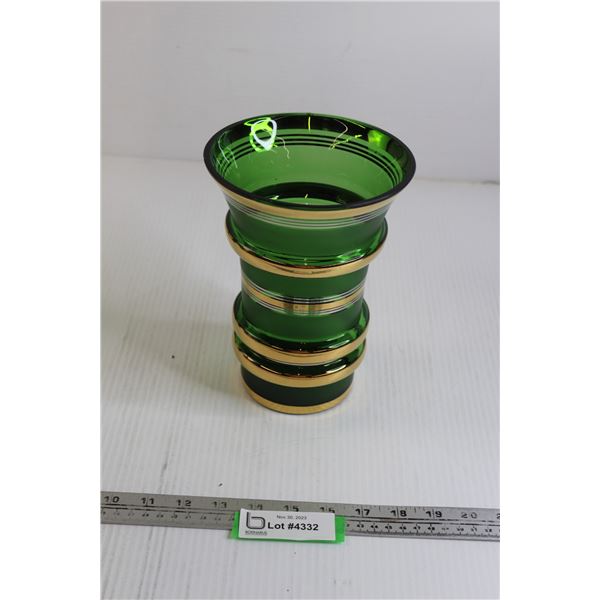 Vintage Green Glass Vase with Gold Accents - Chipped