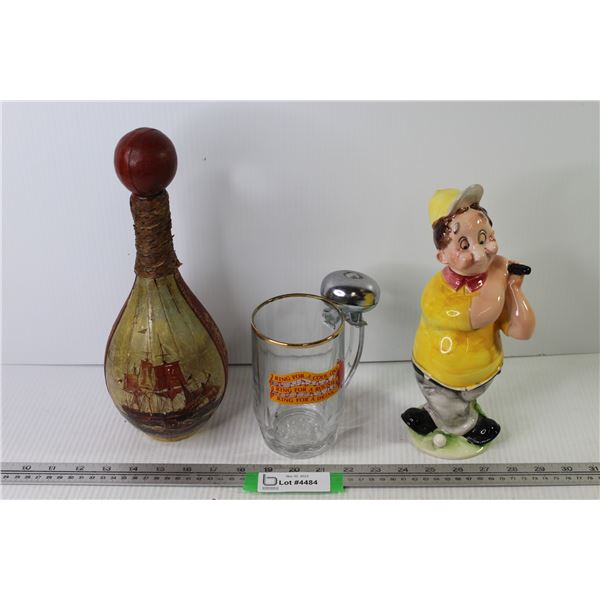Leather Wrapped Decanter/Bottle - Ceramic Golfer Decanter - Glass w/Bell on Handle