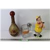 Image 1 : Leather Wrapped Decanter/Bottle - Ceramic Golfer Decanter - Glass w/Bell on Handle