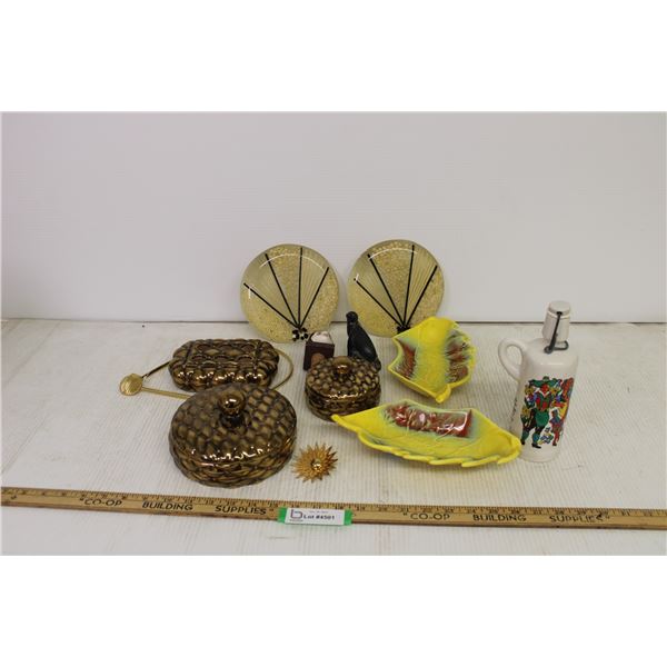 Ceramic Dishes w/Lids - Bottle w/Flip Lid - Acrylic Pot Holders - Soap Stone Carving - Misc. Items