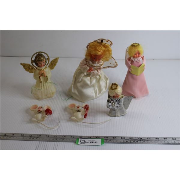(4) Vintage Angel Christmas Decorations (2 are musical-working), (2) Vintage Christmas Mice