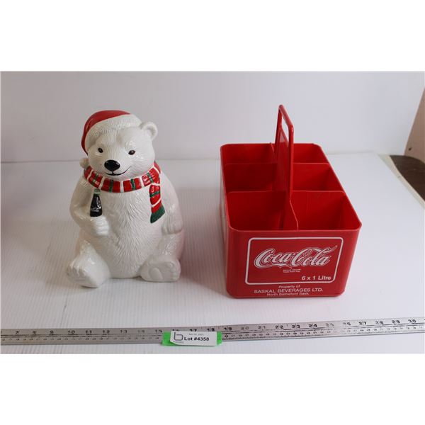 Coca-Cola 6-Bottle Case, Coca-Cola Christmas Polar Bear Cookie Jar - Has Hairline Crack and Chip o