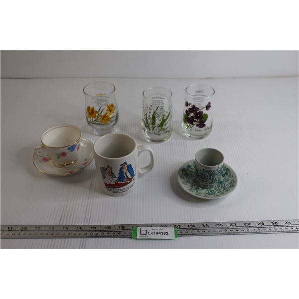(3) Birth Flower Glasses, (2) Cups with Saucers, Cartoon Mug
