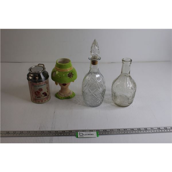 (2) Glass Decanters, Good Housekeeping Cream Can, Lady Hat Tea Light Shade
