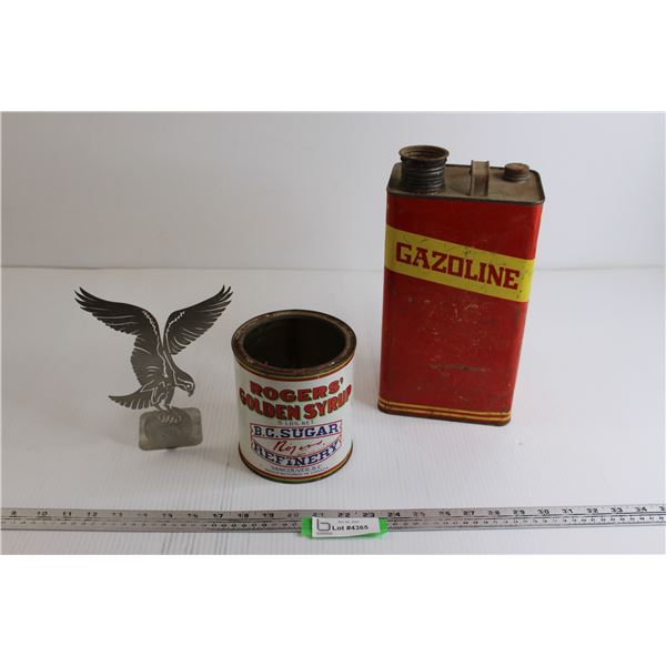 Eagle Metal Decoration, Rogers' Golden Syrup Tin, Gasoline Tin