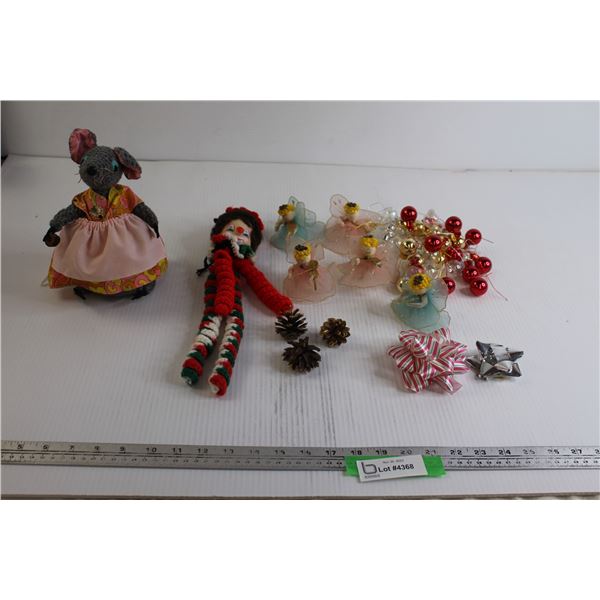 Crochet Mouse, Crochet Clown with Hard Head, (5) Fairy Decorations, (10+) Christmas Baubles, (2) Bow