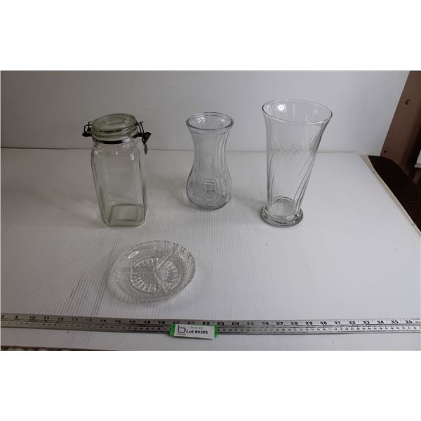 (2) Glass Vases, Glass Jar, Divided Glass Dish