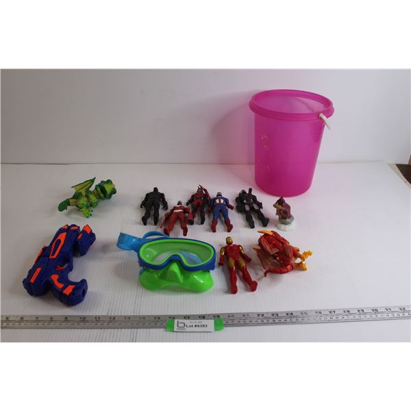 (6) Marvel Figurines, Swimming Mask, (2) Dragon Toys, Toy Gun - No Foam Bullets