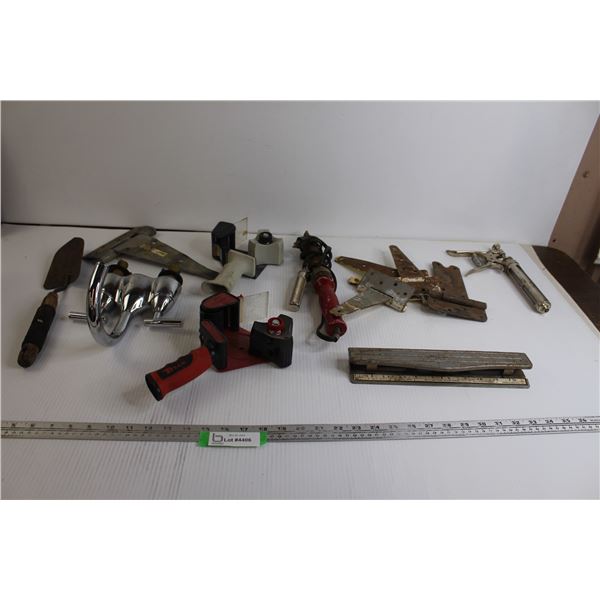 Garden Hand Shovel, (2) Packing Tape Dispensers, Hole Punch, Misc.