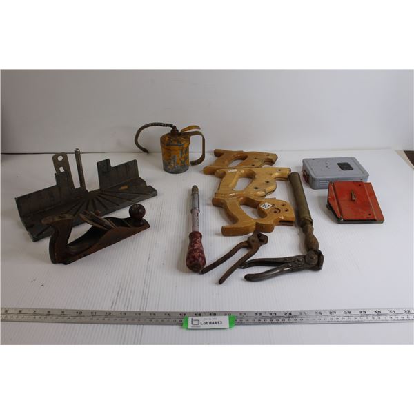 Wood Plane. (3) Saw Handles, Misc.