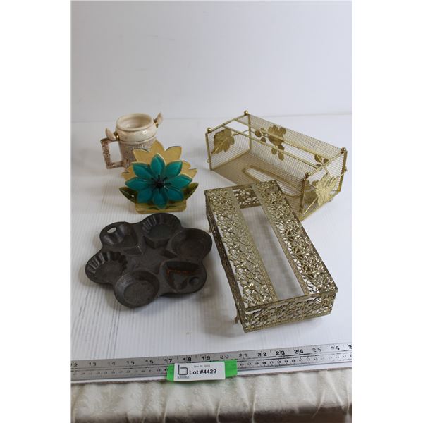 (2) Tissue Box Covers, Resin Serviette Holder, Pottery Viking Mug, Misc.