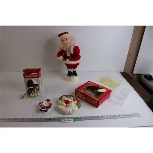 Battery Operated Santa - Makes Noise, (2) Christmas Ornaments, Small Santa Tray