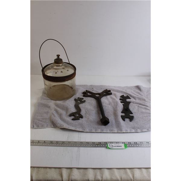 Kerosene Jug, (3) Antique Wrenches