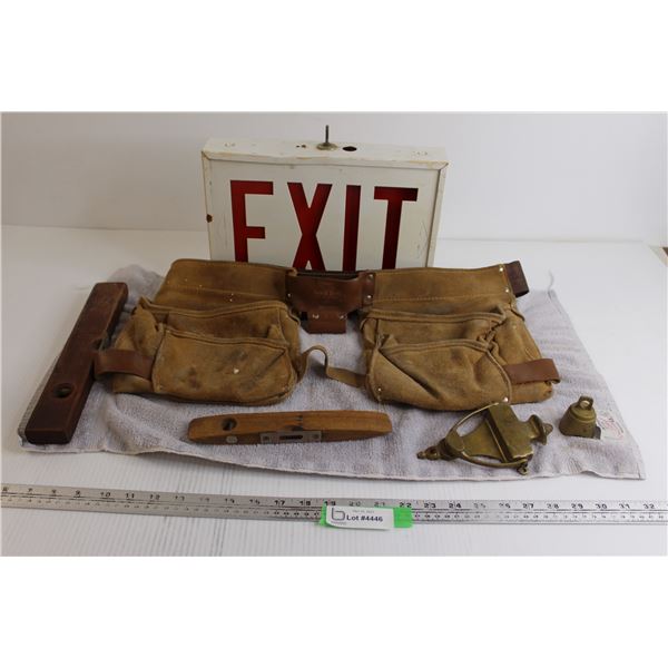 Exit Sign, Carpenter's Tool Belt, (2) Levels, Brass Door Knocker