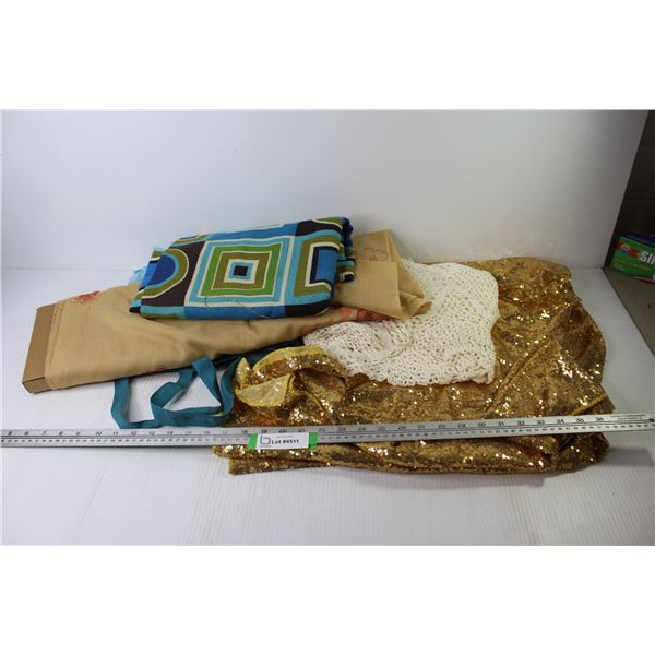 (2) Table Cloths Gold & Crocheted - (2) Fabric Material