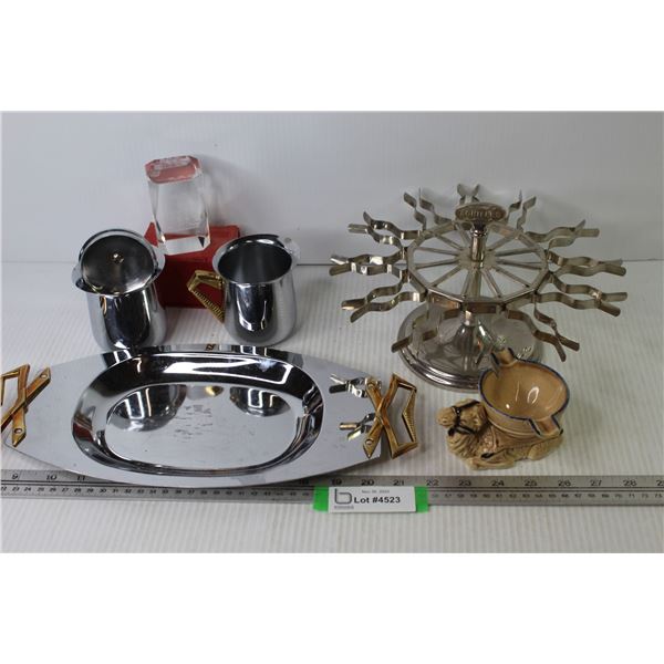 Ceramic Camel Ashtray - Ink Stamp Holder - Metal Creamer & Sugar Containers on Metal Tray - Glass Sh