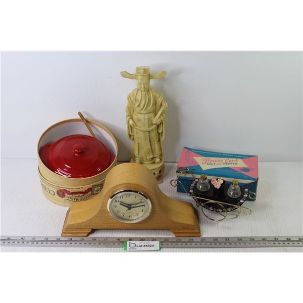 Oriental Resin Statue - Wooden Battery Operated Clock (working - Vintage Salt & Pepper Flower Cart (