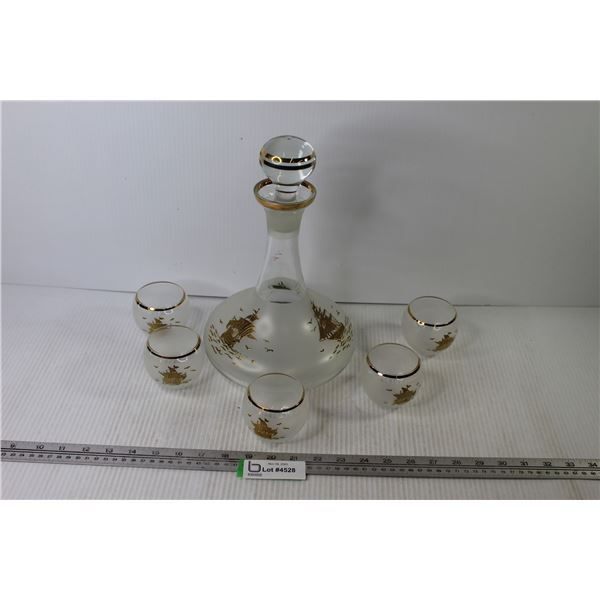 Captains Ship Decanter Set w/Sail Boat Pattern - Missing 1 Glass