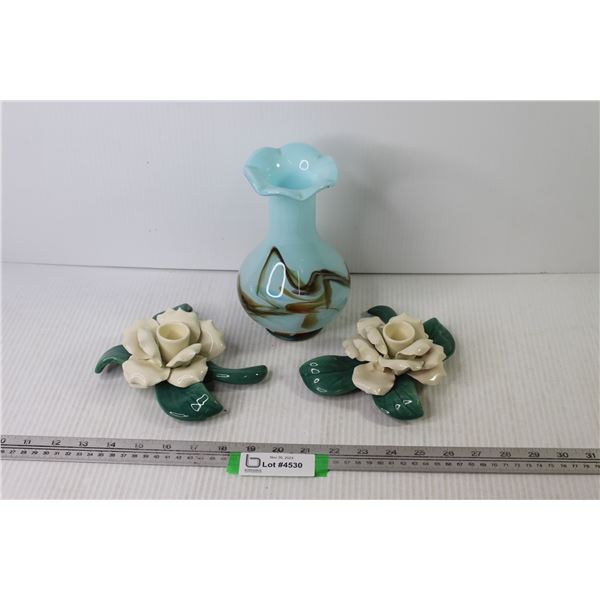 Glass Swirl Vase - (2) Ceramic Flower Candle Holders