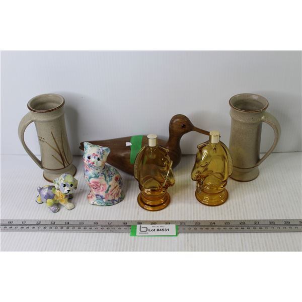 (2) Horse Perfume Bottles - Wooden Bird - Tall Cups - Ceramic Cat & Dog Ornaments