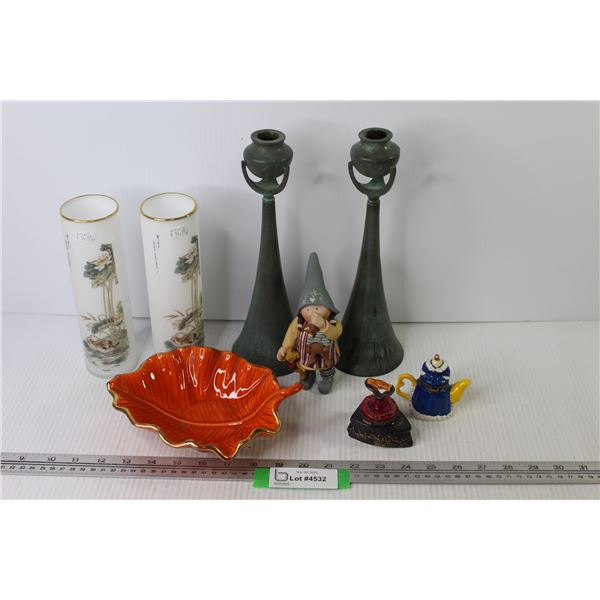 Vintage Leaf Dish - (2) Metal Candle Holders - (2) Tall Glasses - Ornaments