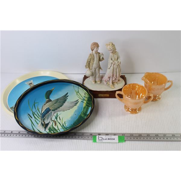 Fire King Peach Luster Creamer & Sugar Set- (2) Trays Plastic & Metal - A. Balcari Statue