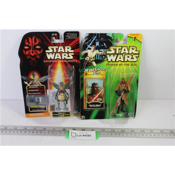 (2) Star Wars Action Figures - Darth Maul (pocket pages) - Watto (talking card)