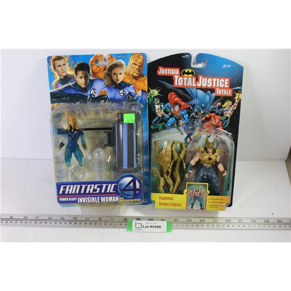(2) Action Figures -  Total Justice Hawk Man - Fantastic Four Invisible Woman (NIB)