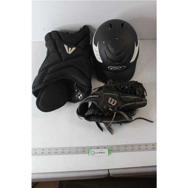 Easton Chest Protector, Wilson A2000 Ball Glove, Rawlings Helmet