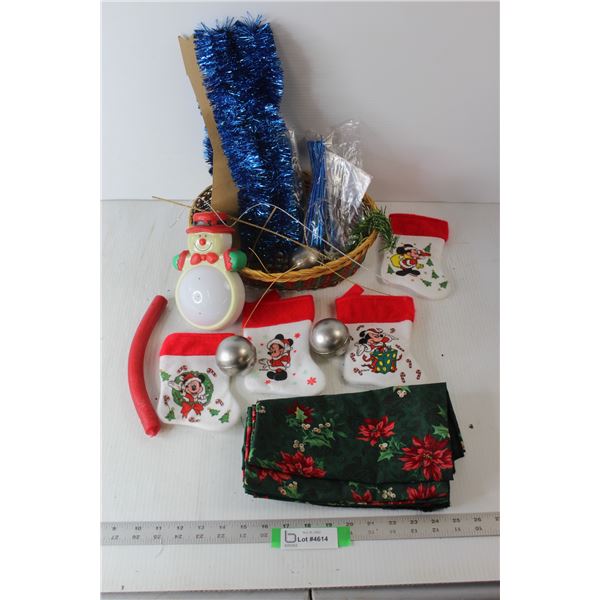 (4) Mickey Mouse Christmas Stockings, Silver Coloured Balls, Basket, Blue Garland & Hanging Ornament