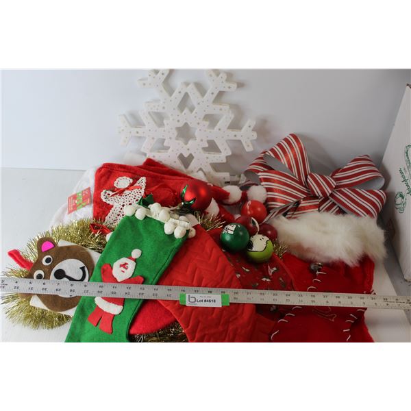 Electric Lighted Star, Garland, Bows, (8) Santa Hats, Christmas Stockings, Snoopy Ornaments